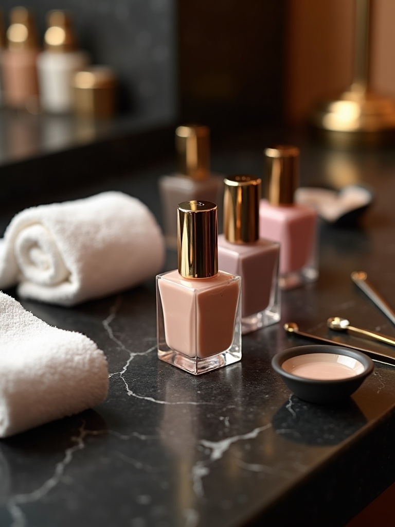 Estación de manicure con esmaltes en tonos nude